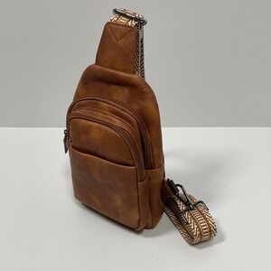 Sytrah Brown Faux Leather Crossbody Sling Bag with Patterned Strap